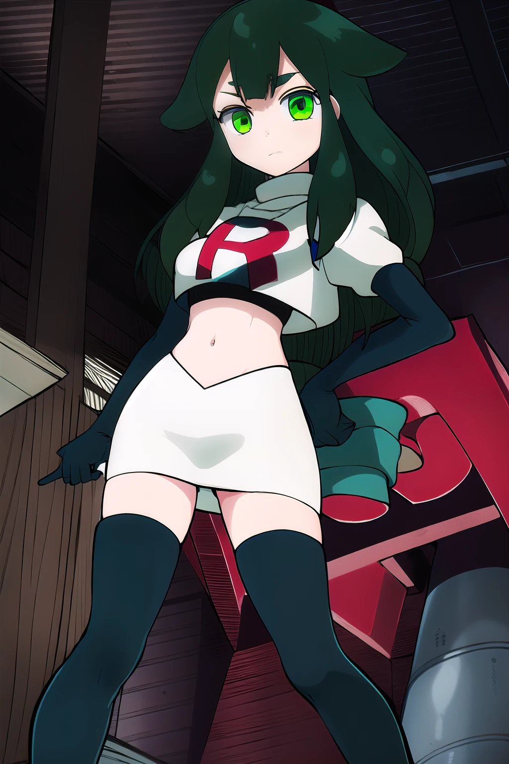 masterpiece, highly detailed, 1girl, utsutsu, green hair, green eyes, bow, team rocket,team rocket uniform,white skirt,red letter R,crop top,black thigh-highs,black elbow gloves
