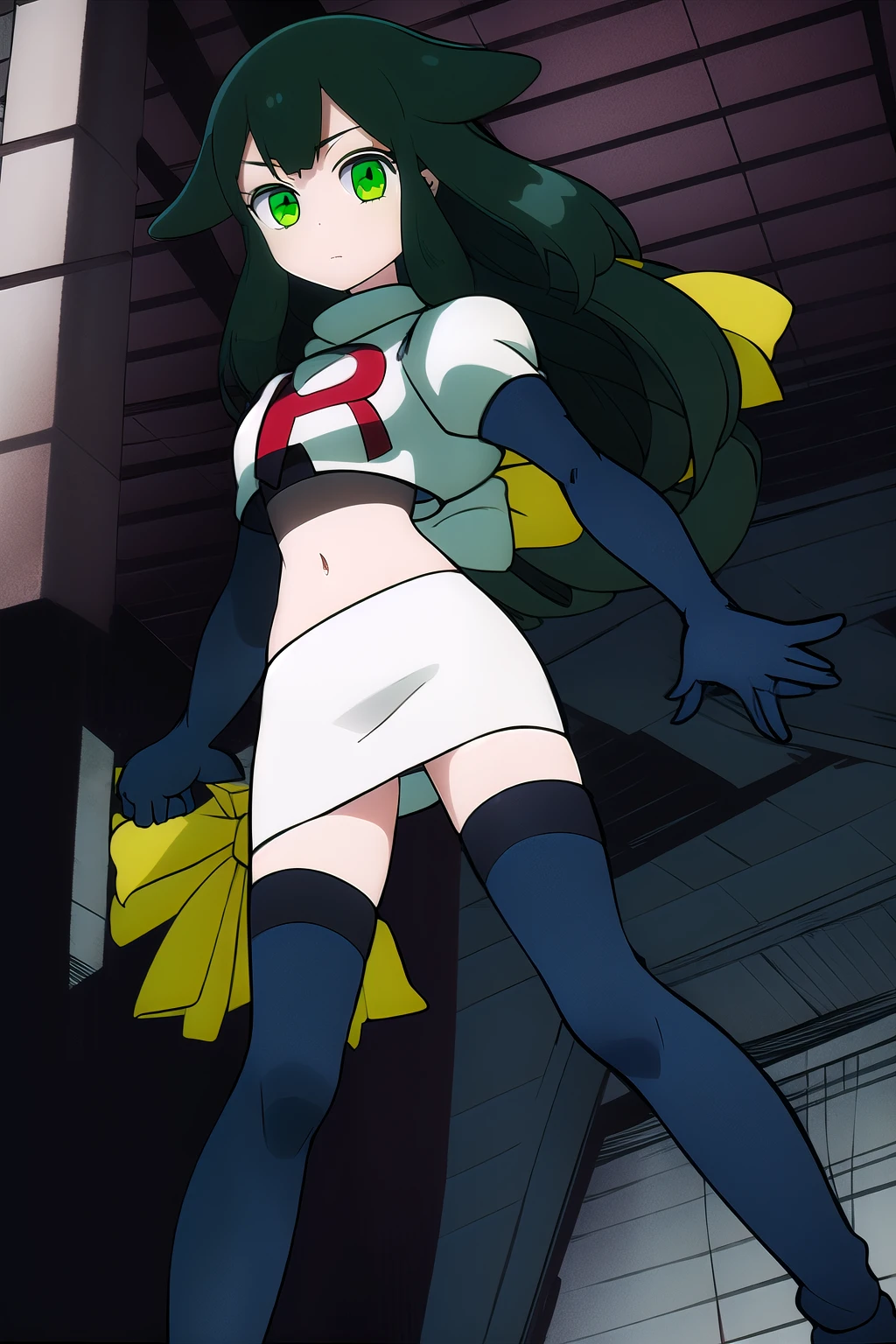 masterpiece, highly detailed, 1girl, utsutsu, green hair, green eyes, team rocket,team rocket uniform,white skirt,red letter R,crop top,black thigh-highs,black elbow gloves
