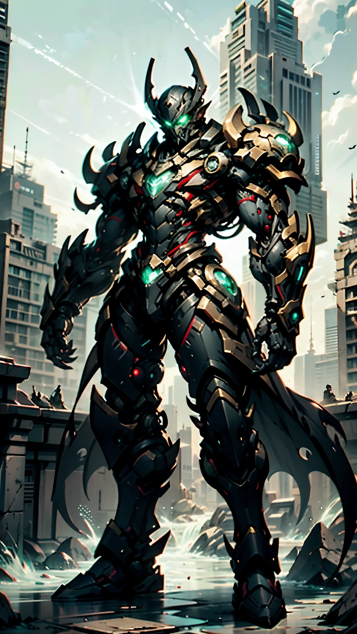 A man wearing a full-face helmet, a fantasy-style biotech armored combat suit, green eyes, (a composite layered chest armor), fully enclosed shoulder guards, matching arm and leg guards, the belt is adorned with fangs biting into orbs, (the color scheme is primarily black with red accents), the design balances heavy with agility, a high-tech bio-mecha armor, (Bat concept Armor, stand on the top of a skyscraper in a futuristic sci-fi city), this character embodies a finely crafted fantasy-surreal style armored hero in anime style, exquisite and mature manga art style, (element, plasma, energy, the armor glows), ((male:1.5)), metallic, real texture material, dramatic, high definition, best quality, highres, ultra-detailed, ultra-fine painting, extremely delicate, professional, perfect body proportions, golden ratio, anatomically correct, symmetrical face, extremely detailed eyes and face, high quality eyes, creativity, RAW photo, UHD, 32k, Natural light, cinematic lighting, masterpiece-anatomy-perfect, masterpiece:1.5