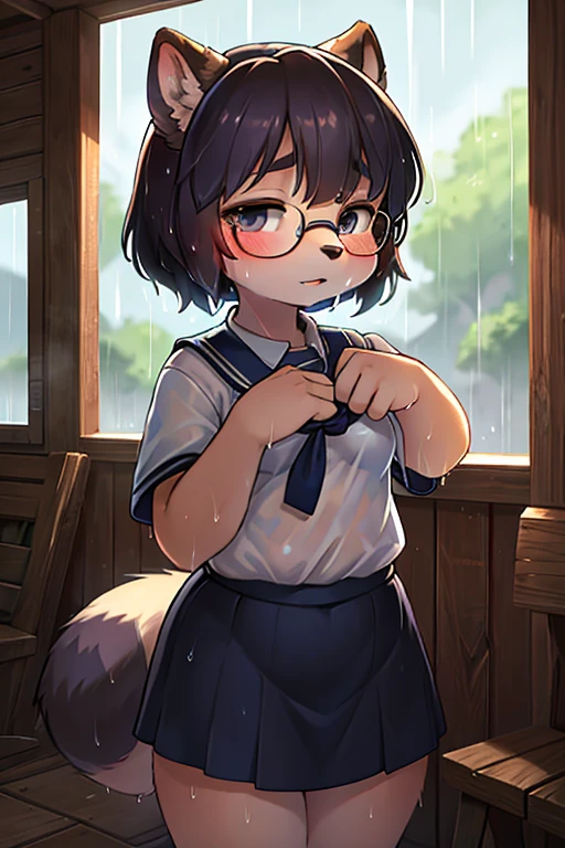 focus face , hairy racoon dog Short stature girl wearing black camisole , (Short stature) , realistic hairy fur , round face , (tilt face:1.2) , Dull geek , (half-open eyes) , Swollen cheeks , glossy lips , flat chest , (look away:1.2) , eyewear, relax white sailor uniform , (see through black camisole under uniform:0.9) , navy skirt , heavy rain , Rural bus stop , Rural Scenery , Take shelter from the rain , (Wet uniform:1.2)