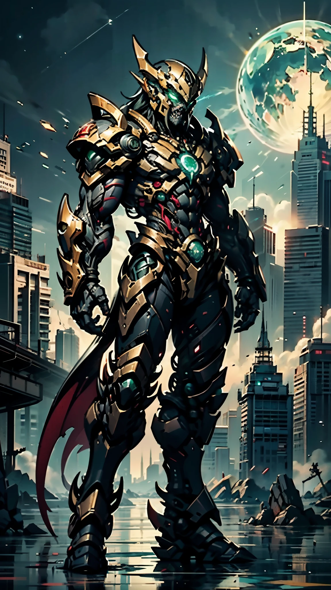 A man wearing a full-face helmet, a fantasy-style biotech armored combat suit, green eyes, (a composite layered chest armor), fully enclosed shoulder guards, matching arm and leg guards, the belt is adorned with fangs biting into orbs, (the color scheme is primarily black with red accents), the design balances heavy with agility, a high-tech bio-mecha armor, (Bat concept Armor, stand on the top of a skyscraper in a futuristic sci-fi city), this character embodies a finely crafted fantasy-surreal style armored hero in anime style, exquisite and mature manga art style, (element, plasma, energy, the armor glows), ((male:1.5)), metallic, real texture material, dramatic, high definition, best quality, highres, ultra-detailed, ultra-fine painting, extremely delicate, professional, perfect body proportions, golden ratio, anatomically correct, symmetrical face, extremely detailed eyes and face, high quality eyes, creativity, RAW photo, UHD, 32k, Natural light, cinematic lighting, masterpiece-anatomy-perfect, masterpiece:1.5