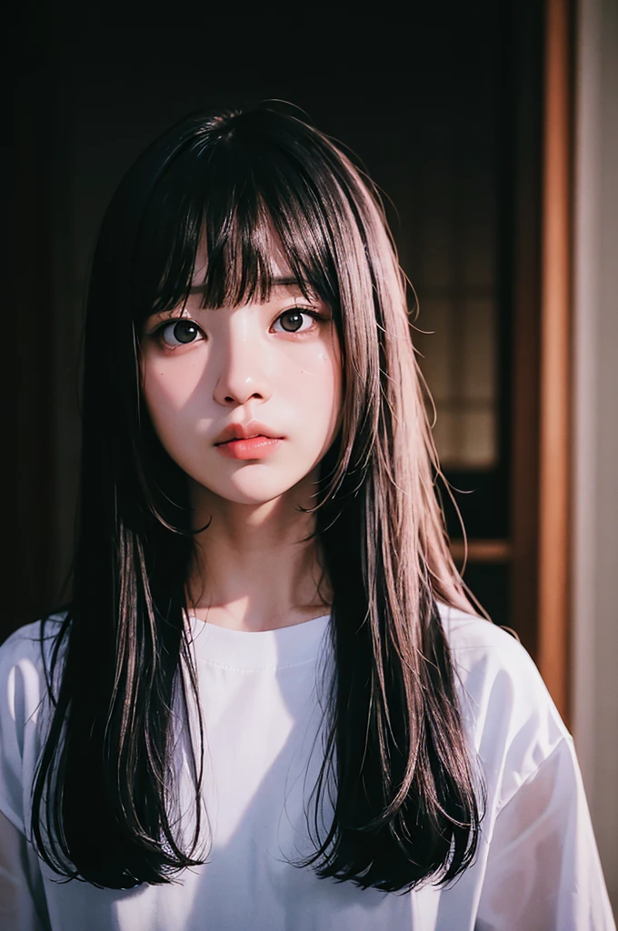 masterpiece, best quality, (Dark Photo:1.3), Reality, 1 Girl, Straight bangs, Stunningly innocent symmetrical face, shirt, emotion, Ulzan, (Pure face_V1:0.7)