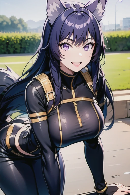 best quality, masterprice, 1girl, (solo:1.1), raytracing, ultra detailed,detailed face, 8k wallpaper, large breasts, smile, wide hips, outdoor, sitting, outdoor,  DeltaNDV, long hair, animal ears, purple eyes, bangs, wolf ears, looking at viewer, wolf tail, tight clothes, bent over, crop top, leggings, crazy smile, crazy eyes, showing her ass, seductive pose,