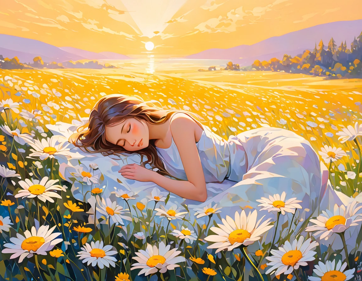 Capture the essence of pure serenity and natural beauty in an awe-inspiring oil painting that transports viewers into a dreamlike world where a girl finds solace amidst a sea of Paper Daisies.
Imagine a tranquil meadow bathed in the soft glow of the setting sun, where the vibrant hues of yellow, orange, and pink Paper Daisies stretch as far as the eye can see. Nestled among the blossoms lies a young girl, her figure draped in billowing fabric that mirrors the delicate petals of the flowers.
With a sense of peaceful abandon, the girl reclines gracefully among the daisies, her eyes closed in quiet contemplation. The warm golden light of the sun caresses her skin, casting a gentle radiance that illuminates her features and lends an ethereal quality to the scene.
The oil painting captures the intricate details of each individual Paper Daisy, from the delicate papery petals to the subtle variations in color and texture. Layers of thick, luscious oil paint are applied with masterful brushstrokes, creating depth and dimension that bring the flowers to life on the canvas.
In the distance, rolling hills rise and fall like waves on the horizon, their verdant slopes dotted with patches of wildflowers that dance in the breeze. A soft breeze rustles through the meadow, carrying with it the sweet scent of the daisies and the soft murmur of distant birdsong.
As the viewer gazes upon the painting, they are drawn into a state of tranquil reverie, enveloped by the beauty and tranquility of the natural world. "Golden Reverie" is not merely a painting—it is a sanctuary of peace and beauty, a refuge from the chaos of the world, and a reminder of the simple joys that lie in the embrace of nature.