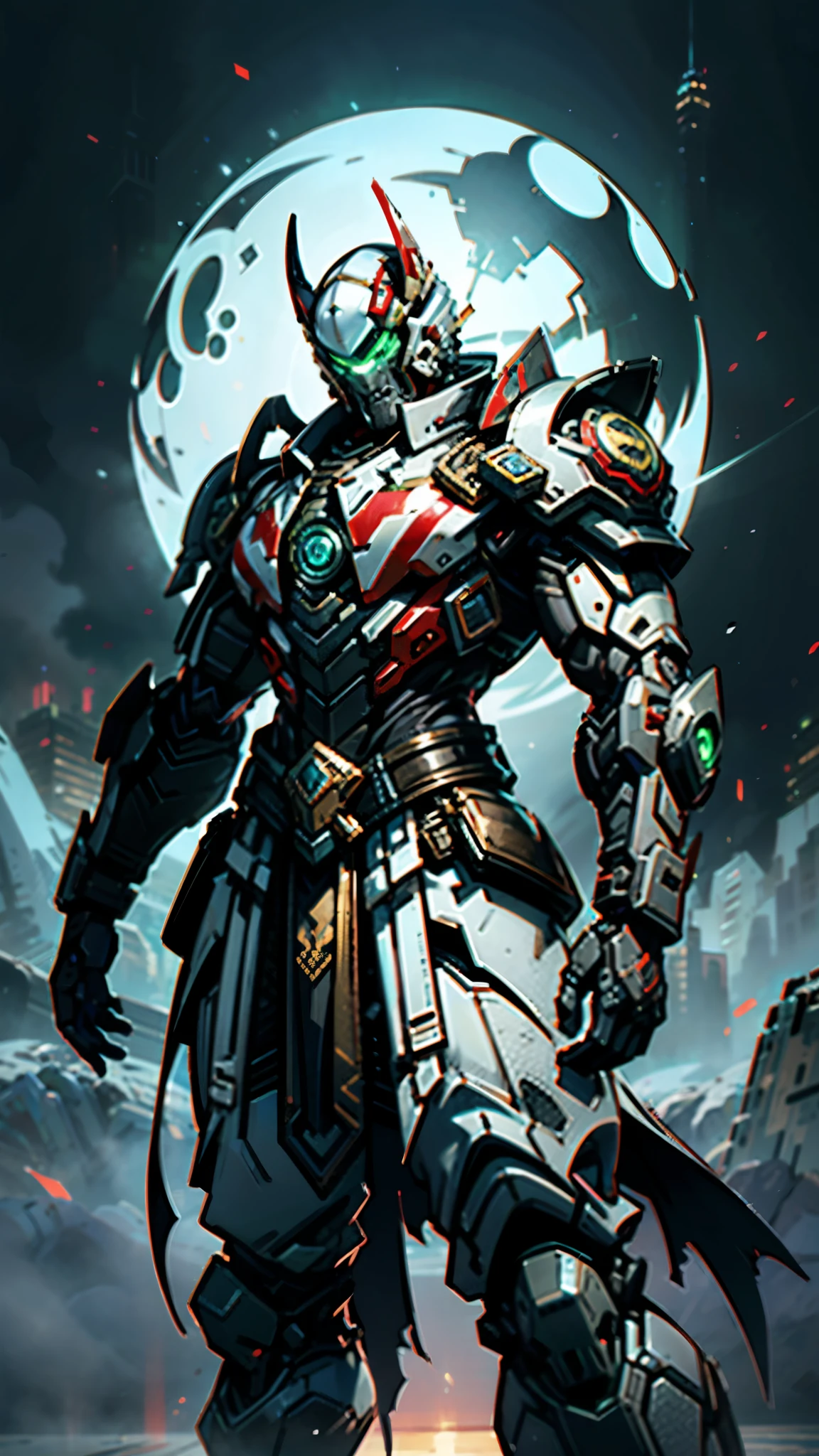 A man wearing a full-face helmet, a fantasy-style biotech armored combat suit, green eyes, (a composite layered chest armor), fully enclosed shoulder guards, matching arm and leg guards, the belt is adorned with fangs biting into orbs, (the color scheme is primarily black with red accents), the design balances heavy with agility, a high-tech bio-mecha armor, (Bat concept Armor, stand on the top of a skyscraper in a futuristic sci-fi city), this character embodies a finely crafted fantasy-surreal style armored hero in anime style, exquisite and mature manga art style, (element, plasma, energy, the armor glows), ((male:1.5)), metallic, real texture material, dramatic, high definition, best quality, highres, ultra-detailed, ultra-fine painting, extremely delicate, professional, perfect body proportions, golden ratio, anatomically correct, symmetrical face, extremely detailed eyes and face, high quality eyes, creativity, RAW photo, UHD, 32k, Natural light, cinematic lighting, masterpiece-anatomy-perfect, masterpiece:1.5