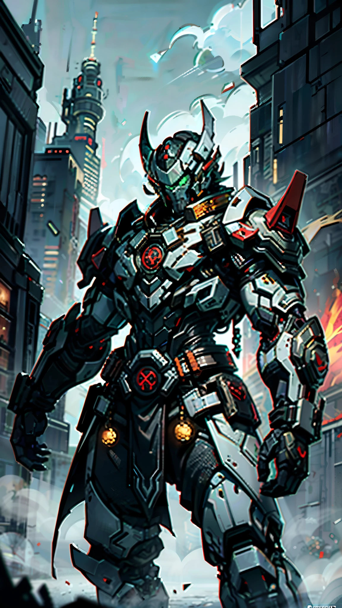 A man wearing a full-face helmet, a fantasy-style biotech armored combat suit, green eyes, (a composite layered chest armor), fully enclosed shoulder guards, matching arm and leg guards, the belt is adorned with fangs biting into orbs, (the color scheme is primarily black with red accents), the design balances heavy with agility, a high-tech bio-mecha armor, (Bat concept Armor, stand on the top of a skyscraper in a futuristic sci-fi city), this character embodies a finely crafted fantasy-surreal style armored hero in anime style, exquisite and mature manga art style, (element, plasma, energy, the armor glows), ((male:1.5)), metallic, real texture material, dramatic, high definition, best quality, highres, ultra-detailed, ultra-fine painting, extremely delicate, professional, perfect body proportions, golden ratio, anatomically correct, symmetrical face, extremely detailed eyes and face, high quality eyes, creativity, RAW photo, UHD, 32k, Natural light, cinematic lighting, masterpiece-anatomy-perfect, masterpiece:1.5