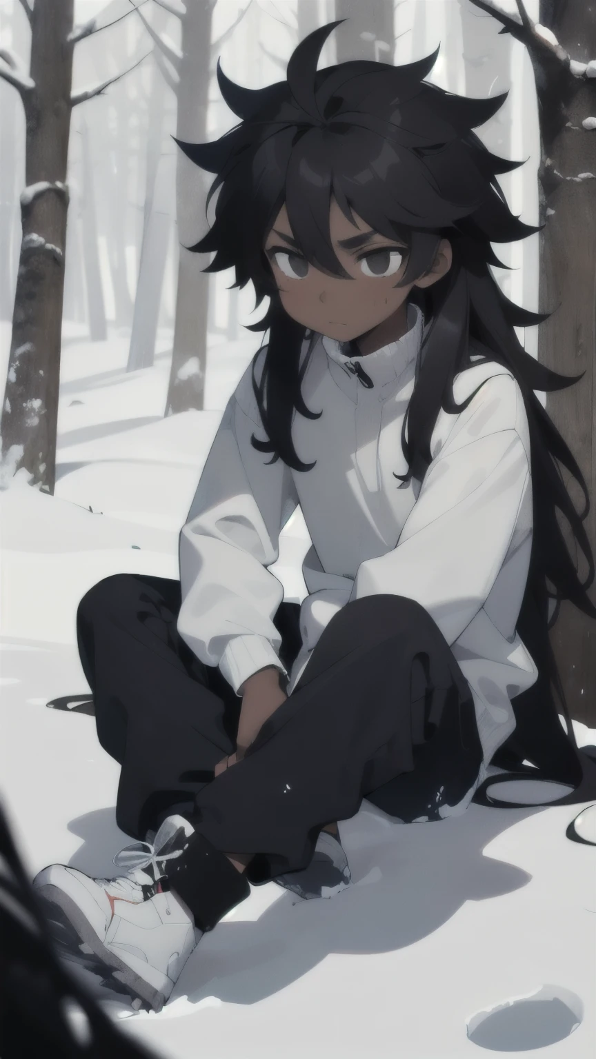 Boy, young, dark skin, black long hair, messy hair, black eyes, white long-sleeved high-neck blouse, white sweatpants, black snow boots, in a snowy forest