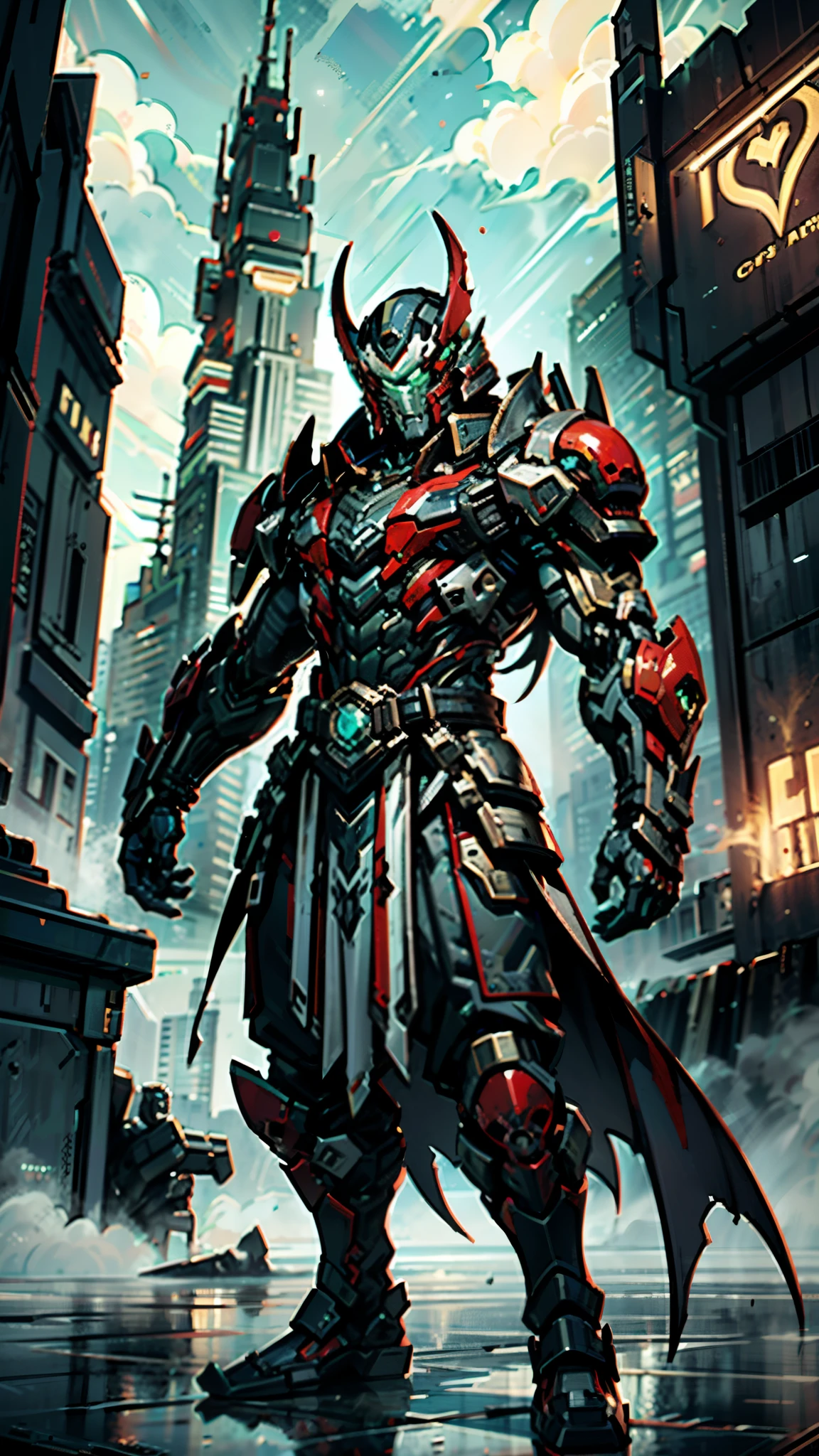 A man wearing a full-face helmet, a fantasy-style biotech armored combat suit, green eyes, (a composite layered chest armor), fully enclosed shoulder guards, matching arm and leg guards, the belt is adorned with fangs biting into orbs, (the color scheme is primarily black with red accents), the design balances heavy with agility, a high-tech bio-mecha armor, (Bat concept Armor, stand on the top of a skyscraper in a futuristic sci-fi city), this character embodies a finely crafted fantasy-surreal style armored hero in anime style, exquisite and mature manga art style, (element, plasma, energy, the armor glows), ((male:1.5)), metallic, real texture material, dramatic, high definition, best quality, highres, ultra-detailed, ultra-fine painting, extremely delicate, professional, perfect body proportions, golden ratio, anatomically correct, symmetrical face, extremely detailed eyes and face, high quality eyes, creativity, RAW photo, UHD, 32k, Natural light, cinematic lighting, masterpiece-anatomy-perfect, masterpiece:1.5