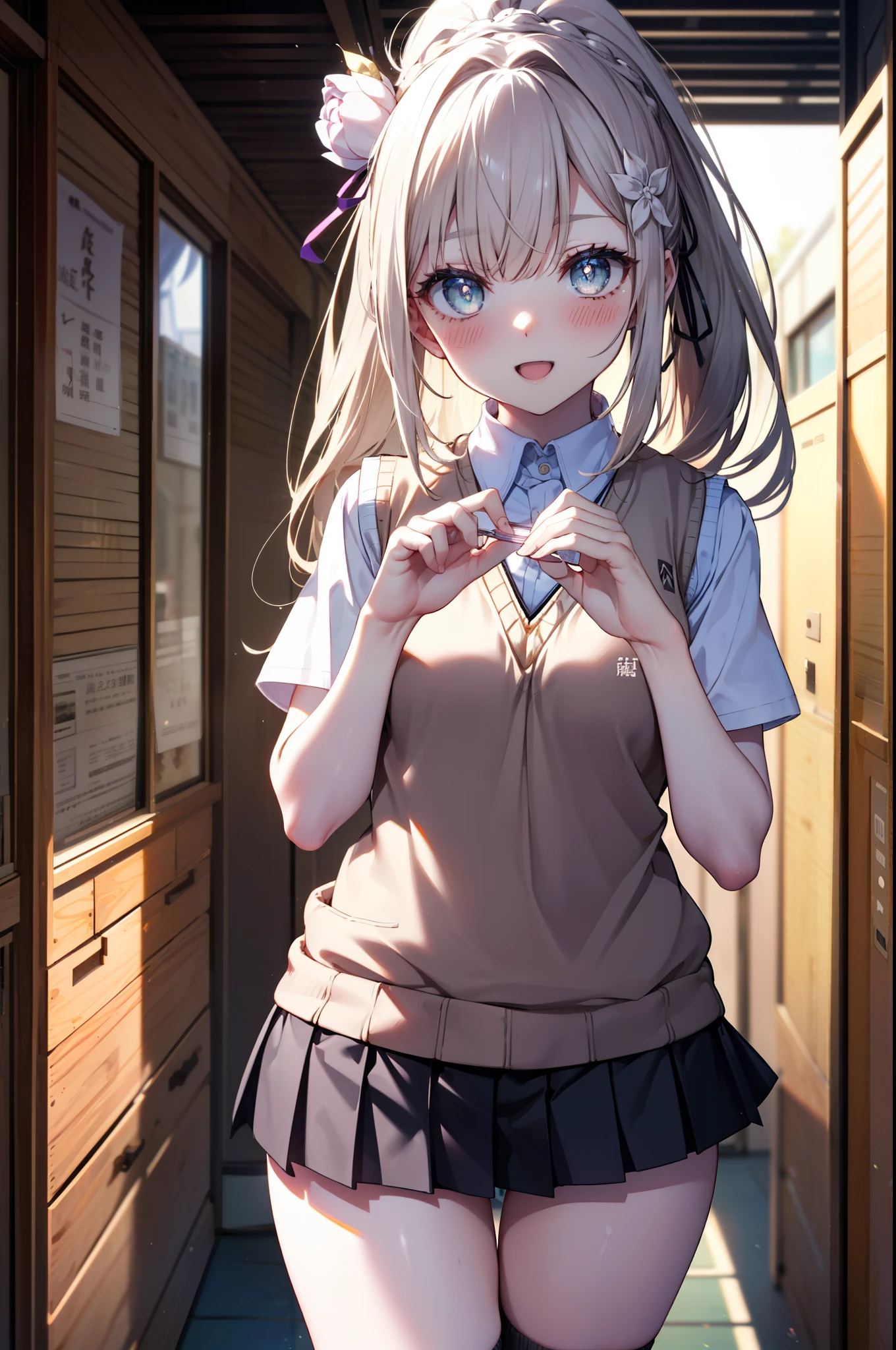 rezeroEmilia, Emilia, Braiding, crown Braiding, flower, hair flower, hair ornaments, Purple eyes,Long Hair,Hair Ribbon, smile,blush,Open your mouth,Black Abyss Glasses,ponytail,White Y-shirt,Short sleeve,Sweater vest, (紫色 Sweater vest:1.5), ,Black pleated skirt,White knee-high socks,Brown Loafers,歩いているwhole bodyがイラストに入るように,
break indoors, School　corridor,
break looking at viewer, whole body,
break (masterpiece:1.2), highest quality, High resolution, unity 8k wallpaper, (shape:0.8), (Beautiful and beautiful eyes:1.6), Highly detailed face, Perfect lighting, Highly detailed CG, (Perfect hands, Perfect Anatomy),