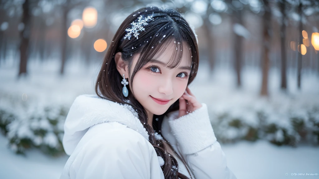 One Girl, (White winter outfit:1.2), Beautiful Japanese actresses,
(RAW Photos, highest quality), (Realistic, Realistic:1.4), (Tabletop), Photogenic,
Snow Princess, Beautiful details, Beautiful lip detail, Highly detailed eyes and face, Long eyelashes,
Snowflake Earrings,
break
(Lapland winter snow fields),
sparkling snowflakes, Heavenly beauty, swirling snowflakes, Snow covered trees々々々, A world full of dazzling light,
Glowing shards, Shining in the sunshine, Snow Capped Mountain, Cold breath,
Blue and silver color scheme, Ramatic Lighting, Diamond dust sparkle, (REAK Perfect Anatomy with lots of glowing lights, Slender body, small, Old-fashioned smile,
Crystal Skin, - Clear Eyes,There is no snow on my body,1girl,A fun pose