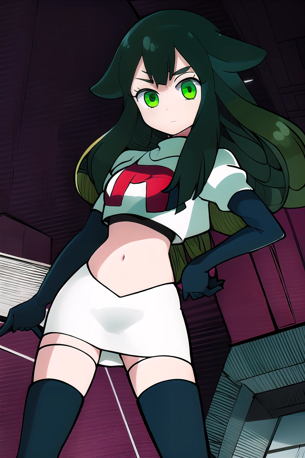 masterpiece, highly detailed, 1girl, utsutsu, green hair, green eyes, bow, team rocket,team rocket uniform,white skirt,red letter R,crop top,black thigh-highs,black elbow gloves