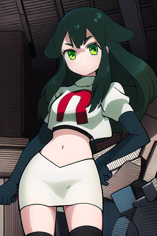 masterpiece, highly detailed, 1girl, utsutsu, green hair, green eyes, bow, team rocket,team rocket uniform,white skirt,red letter R,crop top,black thigh-highs,black elbow gloves