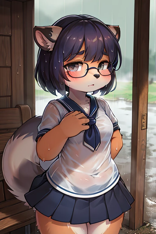 focus face , hairy racoon dog Short stature girl wearing black camisole , (Short stature) , realistic hairy fur , round face , (tilt face:1.2) , Dull geek , (half-open eyes) , Swollen cheeks , glossy lips , flat chest , (look away:1.2) , eyewear, relax white sailor uniform , (see through black camisole under uniform:0.9) , navy skirt , heavy rain , Rural bus stop , Rural Scenery , Take shelter from the rain , (Wet uniform:1.2), She lifts skirt to show off gym shorts