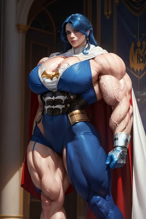((((Massive, tall, beautiful, buff, pale white skinned muscular woman with royal blue hair, ginormous bulky muscles and wearing a royal blue Batgirl suit with a cape and tight pants)))), (close view), massive muscles, massive biceps, hyper muscle triceps, (long curly hair), white eyes, black gloves, spiked gauntlets, high heels boots, city, at night, smirk, hyper muscles arms, hyper muscle legs, massive arms.