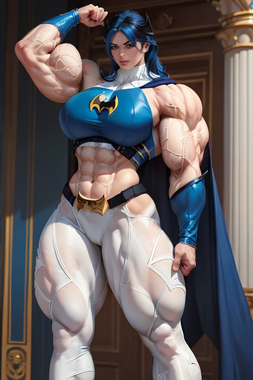 ((((Massive, tall, beautiful, buff, pale white skinned muscular woman with royal blue hair, ginormous bulky muscles and wearing a royal blue Batgirl suit with a cape and tight pants)))), (close view), massive muscles, massive biceps, hyper muscle triceps, (long curly hair), white eyes, black gloves, spiked gauntlets, high heels boots, city, at night, smirk, hyper muscles arms, hyper muscle legs, massive arms.