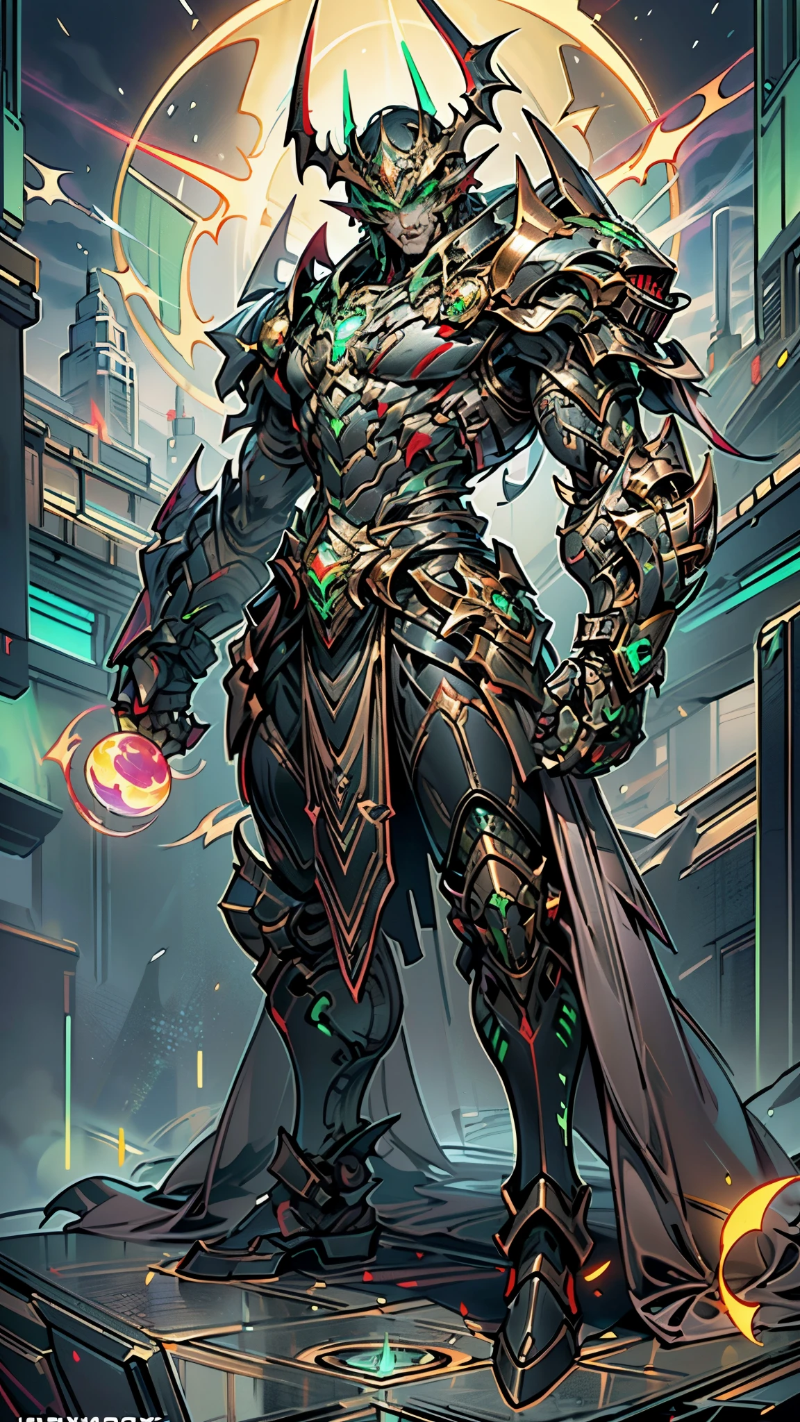 A man wearing a full-face helmet, a fantasy-style biotech armored combat suit, green eyes, (a composite layered chest armor), fully enclosed shoulder guards, matching arm and leg guards, the belt is adorned with fangs biting into orbs, (the color scheme is primarily black with red accents), the design balances heavy with agility, a high-tech bio-mecha armor, (Bat concept Armor, stand on the top of a skyscraper in a futuristic sci-fi city), this character embodies a finely crafted fantasy-surreal style armored hero in anime style, exquisite and mature manga art style, (element, plasma, energy, the armor glows), ((male:1.5)), metallic, real texture material, dramatic, high definition, best quality, highres, ultra-detailed, ultra-fine painting, extremely delicate, professional, perfect body proportions, golden ratio, anatomically correct, symmetrical face, extremely detailed eyes and face, high quality eyes, creativity, RAW photo, UHD, 32k, Natural light, cinematic lighting, masterpiece-anatomy-perfect, masterpiece:1.5