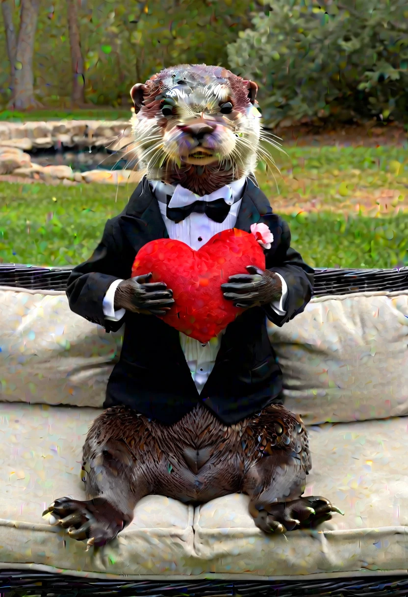 A small Otter with tuxedo sitting on a sofa in the middle of a park, holding a big red heart shaped pillow, painting, palette knife soft brushstrokes, impasto painting with palette knife strokes style, style of George Wesley Bellows, Bo Bartlett, Norman Rockwell,