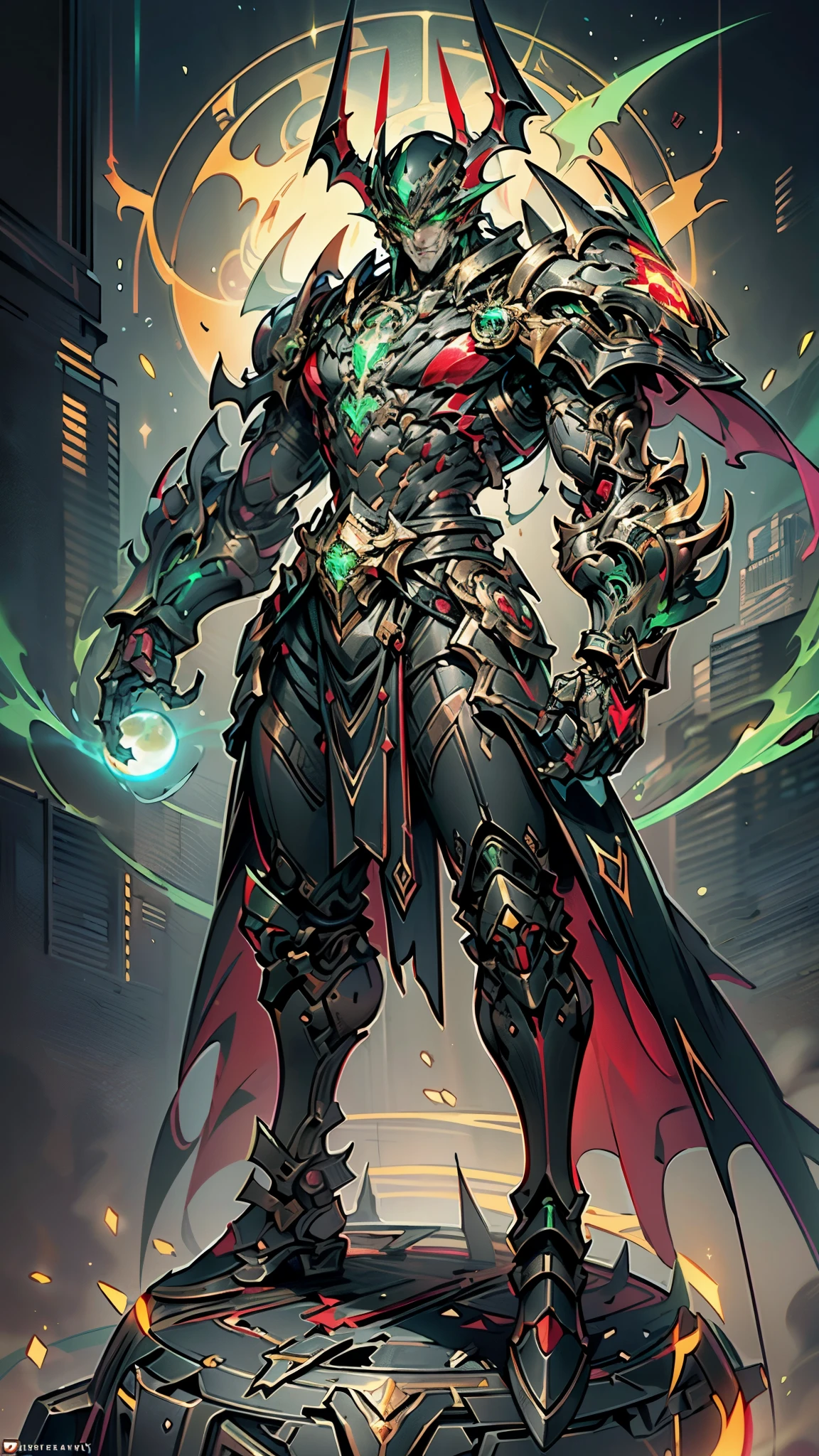 A man wearing a full-face helmet, a fantasy-style biotech armored combat suit, green eyes, (a composite layered chest armor), fully enclosed shoulder guards, matching arm and leg guards, the belt is adorned with fangs biting into orbs, (the color scheme is primarily black with red accents), the design balances heavy with agility, a high-tech bio-mecha armor, (Bat concept Armor, stand on the top of a skyscraper in a futuristic sci-fi city), this character embodies a finely crafted fantasy-surreal style armored hero in anime style, exquisite and mature manga art style, (element, plasma, energy, the armor glows), ((male:1.5)), metallic, real texture material, dramatic, high definition, best quality, highres, ultra-detailed, ultra-fine painting, extremely delicate, professional, perfect body proportions, golden ratio, anatomically correct, symmetrical face, extremely detailed eyes and face, high quality eyes, creativity, RAW photo, UHD, 32k, Natural light, cinematic lighting, masterpiece-anatomy-perfect, masterpiece:1.5