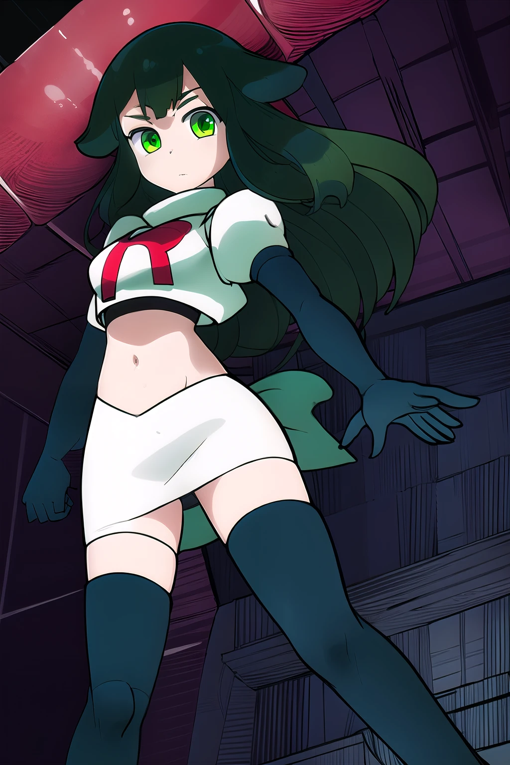 masterpiece, highly detailed, 1girl, utsutsu, green hair, green eyes, team rocket,team rocket uniform,white skirt,red letter R,crop top,black thigh-highs,black elbow gloves