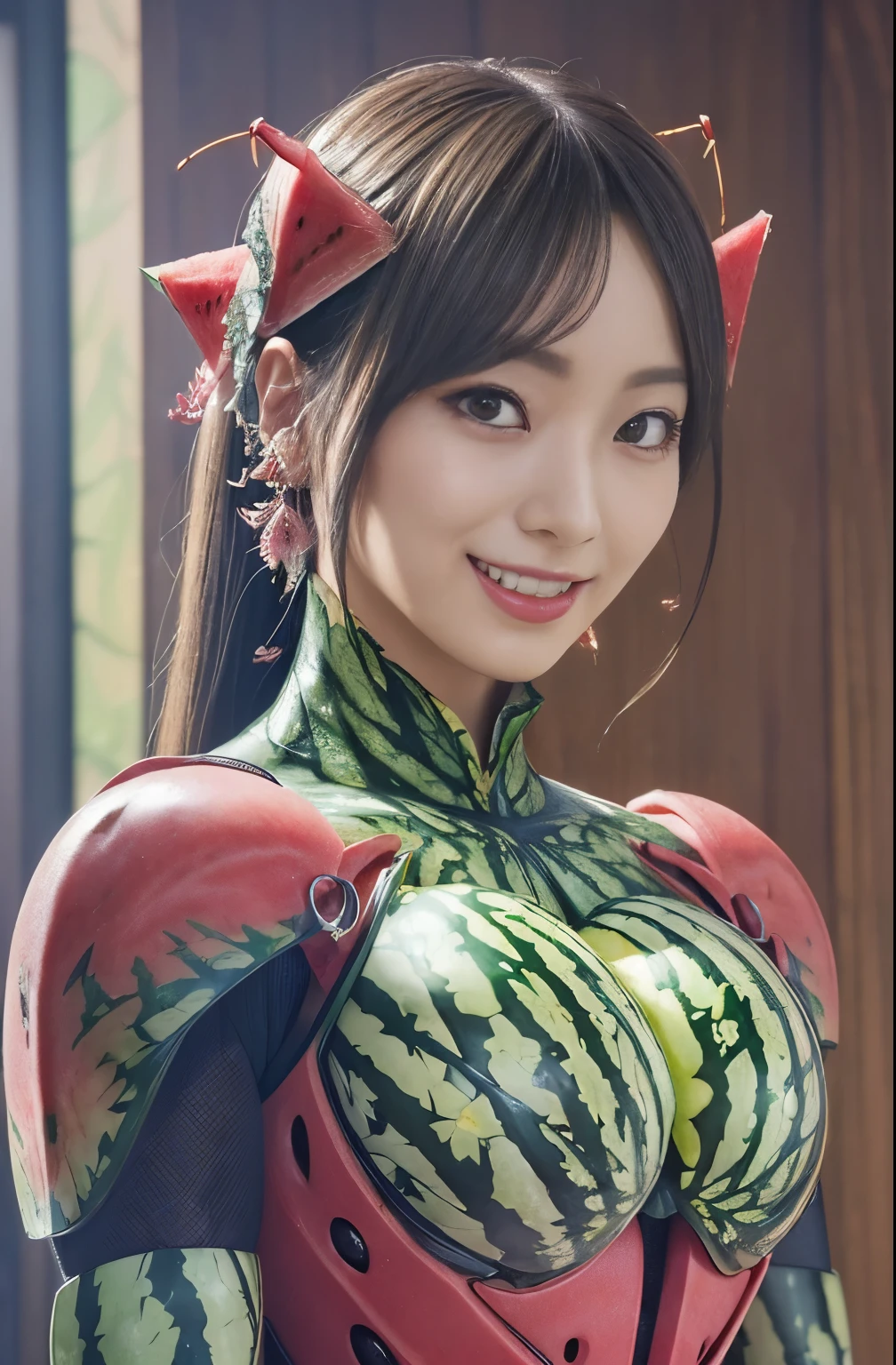 (high resolution,masterpiece,best quality,extremely detailed CG, anime, official art:1.4), realistic, photo, amazing fine details, all intricate, gloss and shiny,awesome many layers, 8k wall paper, 3d, sketch, kawaii, illustration,( solo:1.4), perfect female proportion,villainess, (fusion of watermelon and lady:1.4), (watermelon form lady:1.2), (watermelon lady:1.2), (fusion:1.2), (solo:1.4), (evil smile:1.2), muscular, abs, (watermelon exoskeleton bio insect suit:1.4), (watermelon exoskeleton bio insect armor:1.2), (watermelon wing:1.4), (watermelon antennae:1.3), sexy,