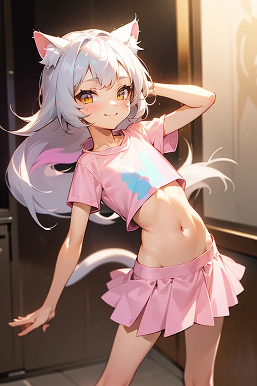 1girl, silver hair, golden eyes with pupils, ((skinny)), ((petite)), short, small, ((neko)), (cropped solid pastel pink tshirt), long hair, short skirt, (((kid))), cat ears, happy, blush, flat chest, midriff, at school, tummy, smiling