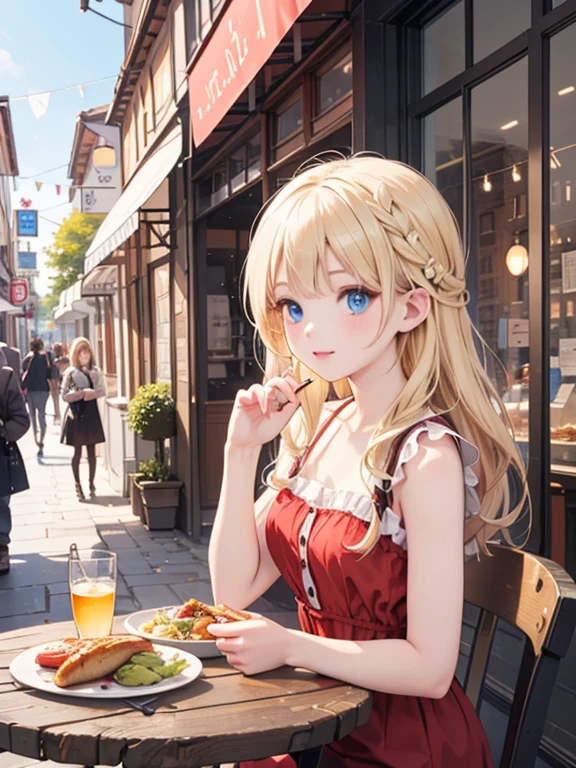 masterpiece, highest quality, Very detailed, 16k, Ultra-high resolution, medieval england, One 12-year-old girl, Detailed face, blue eyes, Blonde, Braid, Red dress, In town, People in the city, Outdoor Table, During meals