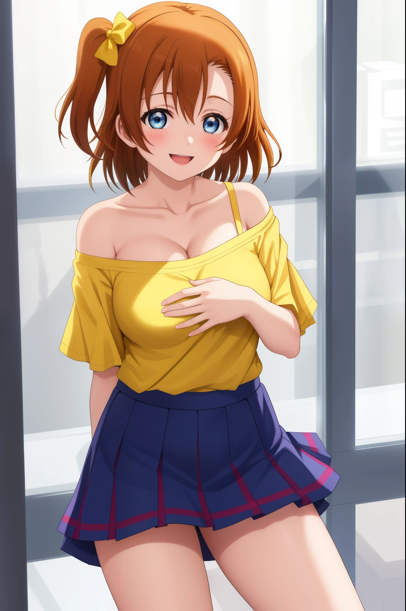 Solo, kousaka honoka, blue eyes, breasts, blush, smile, short_hair, open_mouth, bangs, skirt, large_breasts, shirt, cleavage, bare_shoulders, collarbone, moist shiny skin, off_shoulder, clenched_hands, yellow_shirt, pressing her chest , skirt between thighs 