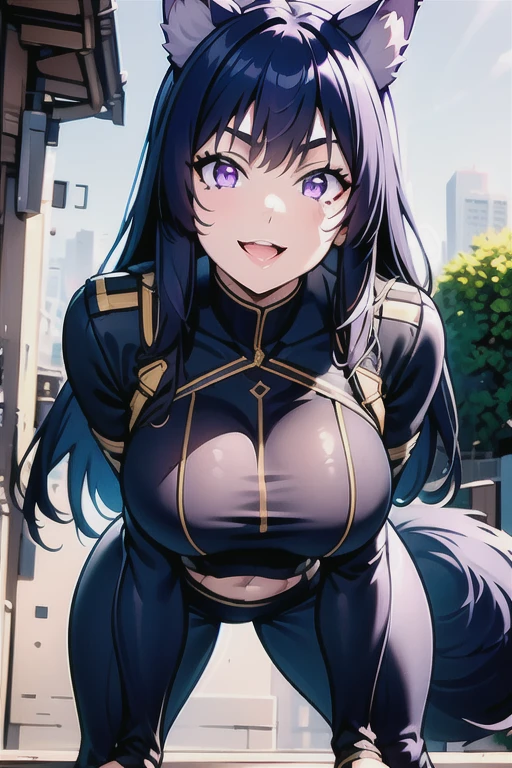 best quality, masterprice, 1girl, (solo:1.1), raytracing, ultra detailed,detailed face, 8k wallpaper, large breasts, smile, wide hips, outdoor, sitting,  DeltaNDV, long hair, animal ears, purple eyes, bangs, wolf ears, looking at viewer, wolf tail, tight clothes, bent over, crop top, leggings, thick legs, crazy smile, crazy eyes, showing her ass, seductive pose,