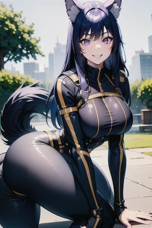 best quality, masterprice, 1girl, (solo:1.1), raytracing, ultra detailed,detailed face, 8k wallpaper, large breasts, smile, wide hips, outdoor, sitting, DeltaNDV, long hair, animal ears, purple eyes, bangs, wolf ears, looking at viewer, wolf tail, tight clothes, bent over, crop top, leggings, thick legs, crazy smile, crazy eyes, showing her ass, seductive pose,
