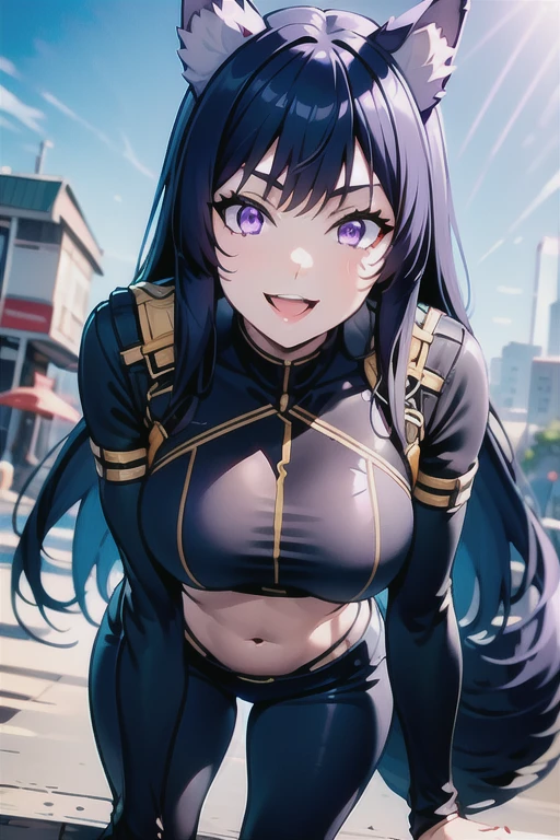 best quality, masterprice, 1girl, (solo:1.1), raytracing, ultra detailed,detailed face, 8k wallpaper, large breasts, smile, wide hips, outdoor, sitting,  DeltaNDV, long hair, animal ears, purple eyes, bangs, wolf ears, looking at viewer, wolf tail, tight clothes, bent over, crop top, leggings, thick legs, crazy smile, crazy eyes, showing her ass, seductive pose,