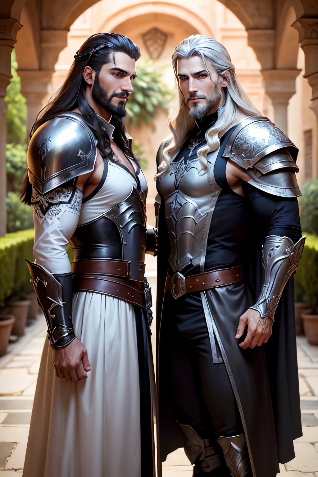 The background is the garden., 1 hombres, Estilo arcilla gris,(Obra maestra, mejor calidad), sombras de Grey,etc., Castlevania The Lord of Shadows muscular morocco armor full leather armor , yeux blancs, Barba blanca, The smiling face narrowed its eyes., Publicar