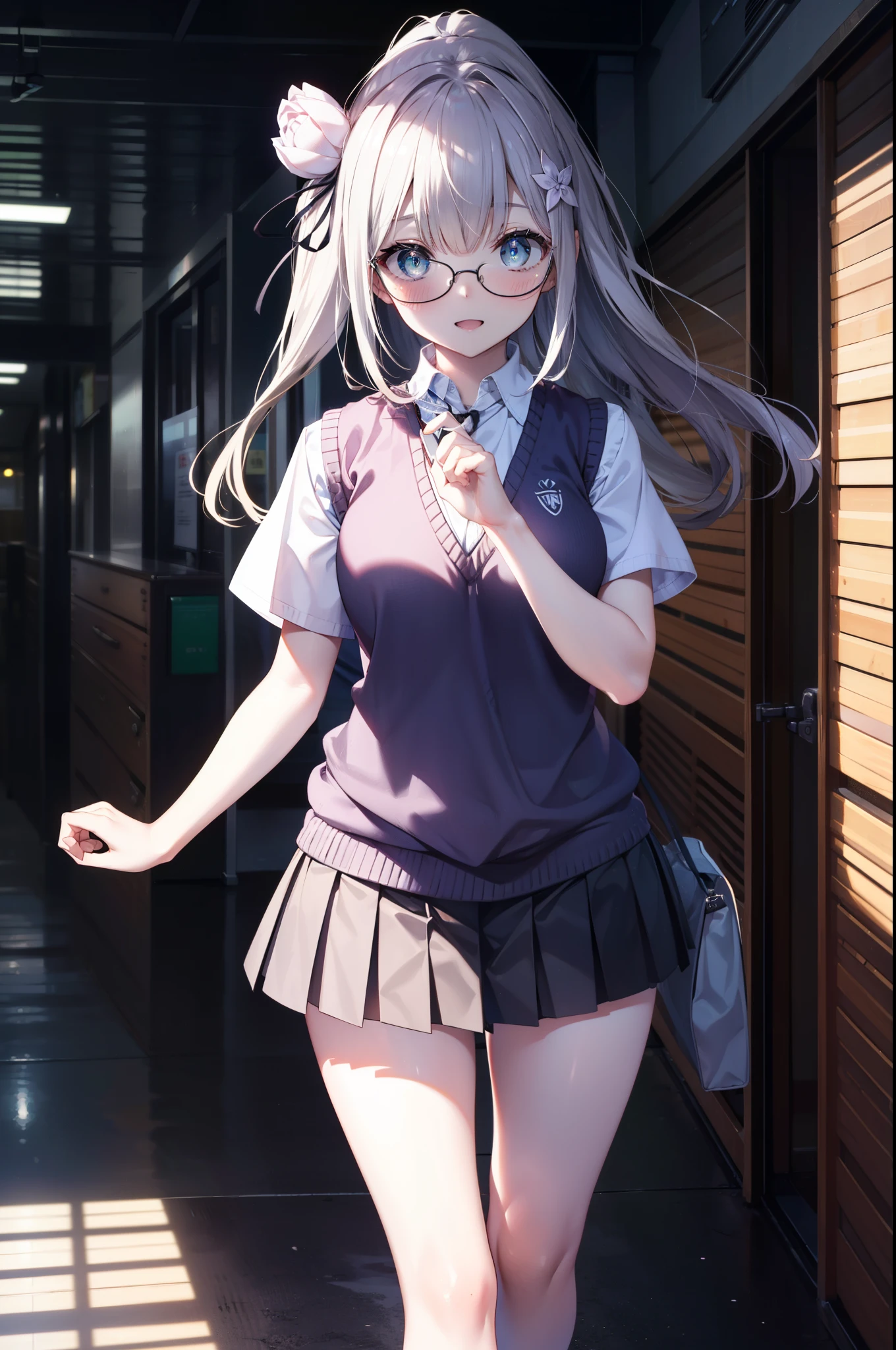 rezeroEmilia, Emilia, Braiding, crown Braiding, flower, hair flower, hair ornaments, Purple eyes,Long Hair,Hair Ribbon, smile,blush,Open your mouth,Black Abyss Glasses,ponytail,White Y-shirt,Short sleeve,Sweater vest, (紫色 Sweater vest:1.5), ,Black pleated skirt,White knee-high socks,Brown Loafers,Walking,るwhole bodyがイラストに入るように,
break indoors, School　corridor,
break looking at viewer, whole body,
break (masterpiece:1.2), highest quality, High resolution, unity 8k wallpaper, (shape:0.8), (Beautiful and beautiful eyes:1.6), Highly detailed face, Perfect lighting, Highly detailed CG, (Perfect hands, Perfect Anatomy),