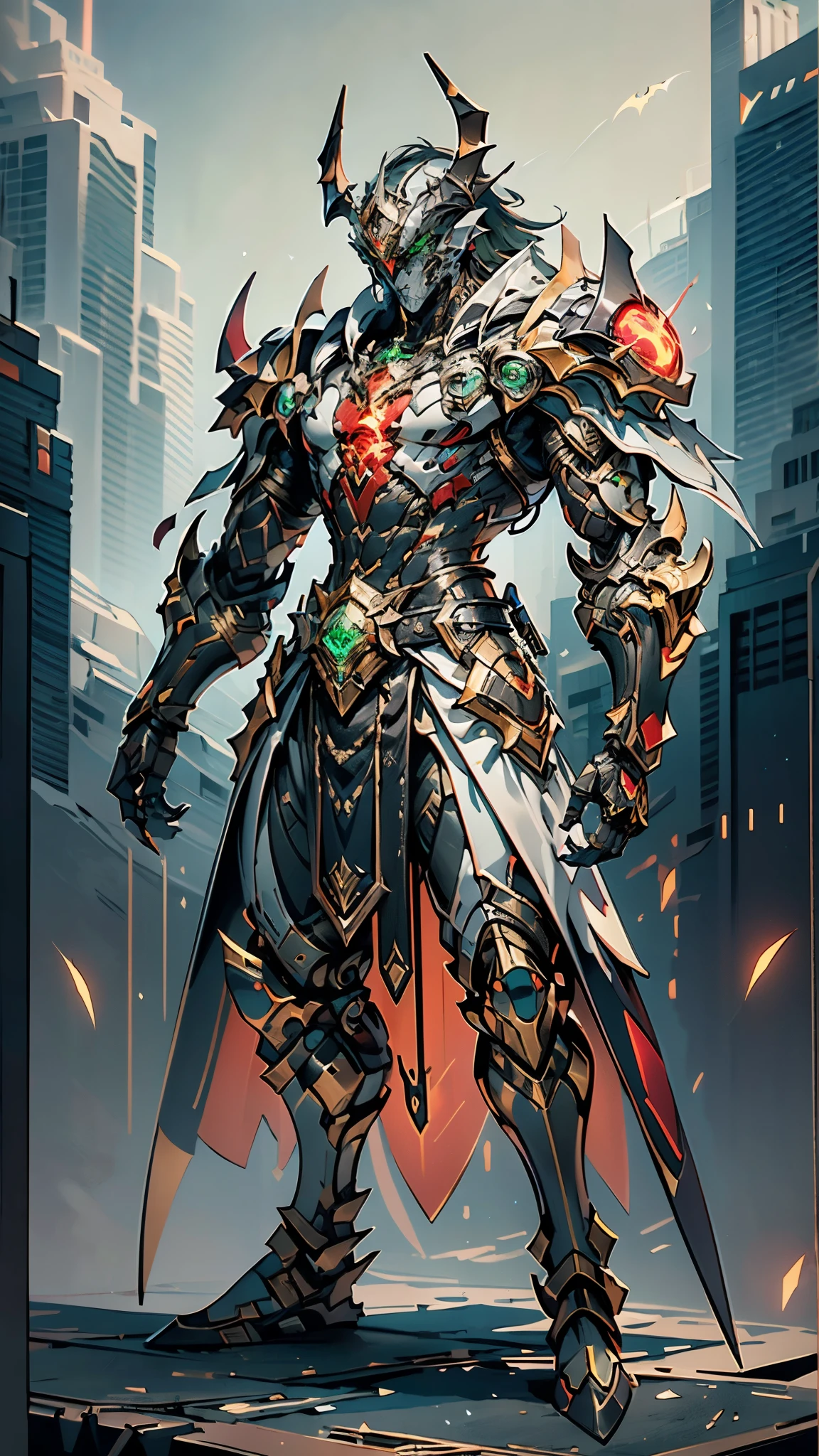 A man wearing a full-face helmet, a fantasy-style biotech armored combat suit, green eyes, (a composite layered chest armor), fully enclosed shoulder guards, matching arm and leg guards, the belt is adorned with fangs biting into orbs, (the color scheme is primarily black with red accents), the design balances heavy with agility, a high-tech bio-mecha armor, (Bat concept Armor, stand on the top of a skyscraper in a futuristic sci-fi city), this character embodies a finely crafted fantasy-surreal style armored hero in anime style, exquisite and mature manga art style, (element, plasma, energy, the armor glows), ((male:1.5)), metallic, real texture material, dramatic, high definition, best quality, highres, ultra-detailed, ultra-fine painting, extremely delicate, professional, perfect body proportions, golden ratio, anatomically correct, symmetrical face, extremely detailed eyes and face, high quality eyes, creativity, RAW photo, UHD, 32k, Natural light, cinematic lighting, masterpiece-anatomy-perfect, masterpiece:1.5