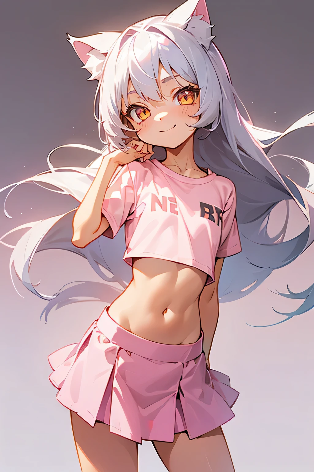 1girl, silver hair, golden eyes with pupils, ((skinny)), ((petite)), short, small, ((neko)), (cropped solid pastel pink tshirt), long hair, short skirt, (((???))), cat ears, happy, blush, flat chest, midriff, at school, tummy, smiling