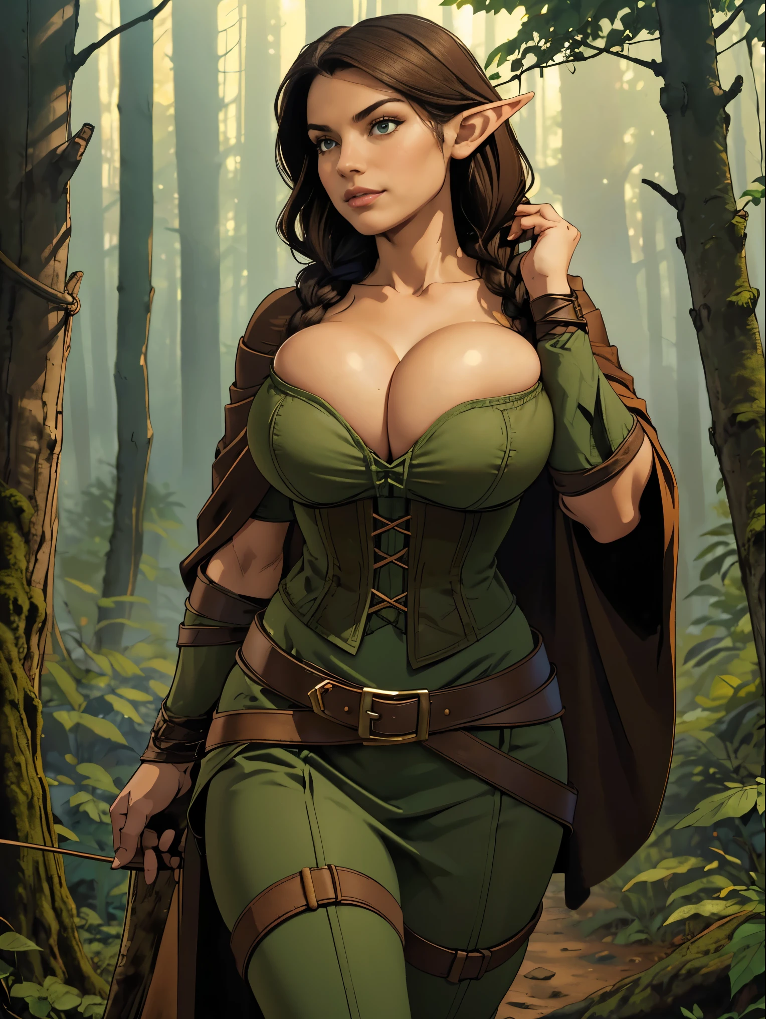 (masterpiece, top quality, best quality, official art, beautiful and aesthetic:1.2), (1girl:1.3), dark brown hair in a single braid, extremely detailed, portrait, looking at viewer, solo, (full body:0.6), detailed background, close up, cat eyes, (warm summer forest theme:1.1), (elf) ranger, charlatan, smirk, mysterious, running in forest, revealing ranger attire, brown leather, cowl, cloak, corset, long boots, buckles, straps, pouches, bow and arrow, green fabric, brown leather, ((((gigantic breasts, cleavage, skindentation)))), slim waist, slim hips, long legs, medieval (forest exterior:1.1) background, dark mysterious lighting, shadows, magical atmosphere, dutch angle,