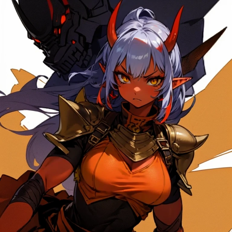 Masterpiece, best quality, expressive eyes, perfect face, 1girl, solo, horns, weapon, red skin, red oni, yellow eyes, colored skin, pointy ears, serious look, armor, muscles, Military leggings, bracelet, bandages, upper body, hand at waist,