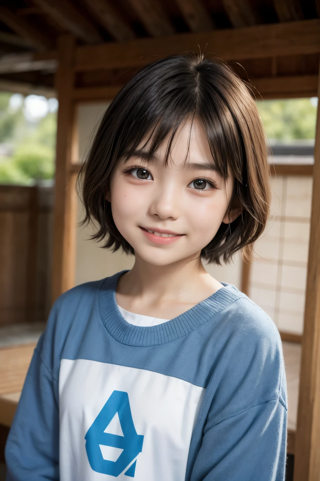 12 year old Japanese girl, short hair, cute, smile