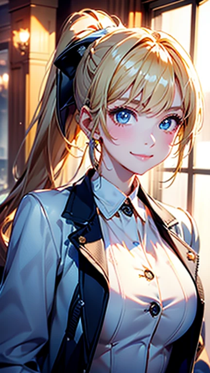 Best quality , masterpiece, Portrait、、Bright expression、ponytail、Young, shiny, white, glossy skin、Gloss Face、Shining Cheek Gloss、Small Face Beauty、The best beauty、The dazzling light of blonde hair、Bright blonde hair with dazzling highlights、Very beautiful shiny light blonde hair、super long silky straight hair、Her shiny, beautiful bangs are covering her eyes.、Sparkling, clear, attractive, bright, large, pale blue eyes、Very big eyes、eyeliner、very beautiful lovely cute 16 year old girl、young girl, Ample Bust, upper body , (smile:1.2) , ((((jacket , ponytail ))))