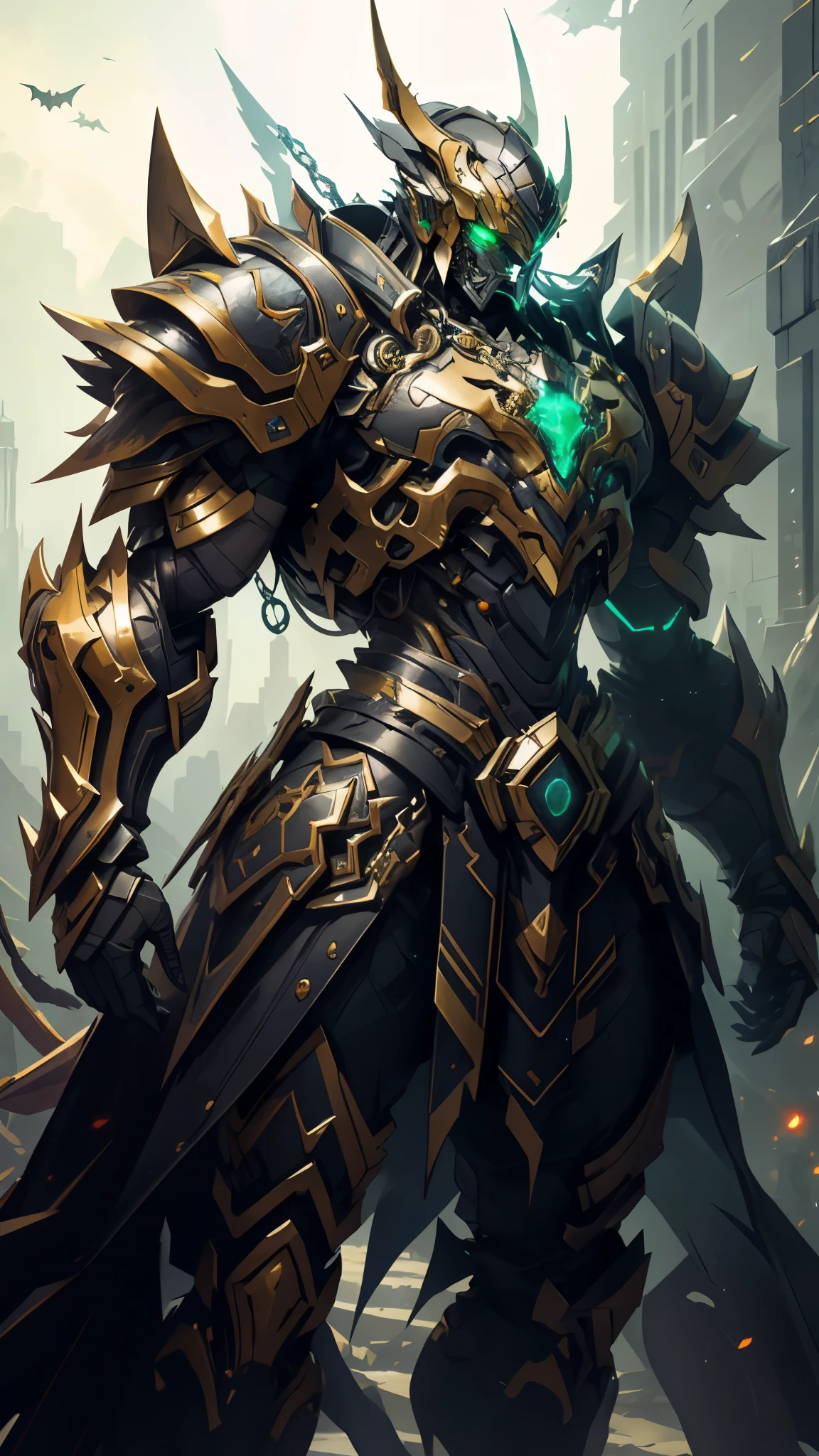 A man wearing a full-face helmet, a fantasy-style biotech armored combat suit, green eyes, (a composite layered chest armor), fully enclosed shoulder guards, matching arm and leg guards, the belt is adorned with fangs biting into orbs, (the color scheme is primarily black with red accents), the design balances heavy with agility, a high-tech bio-mecha armor, (Bat concept Armor, stand on the top of a skyscraper in a futuristic sci-fi city), this character embodies a finely crafted fantasy-surreal style armored hero in anime style, exquisite and mature manga art style, (element, plasma, energy, the armor glows), ((male:1.5)), metallic, real texture material, dramatic, high definition, best quality, highres, ultra-detailed, ultra-fine painting, extremely delicate, professional, perfect body proportions, golden ratio, anatomically correct, symmetrical face, extremely detailed eyes and face, high quality eyes, creativity, RAW photo, UHD, 32k, Natural light, cinematic lighting, masterpiece-anatomy-perfect, masterpiece:1.5