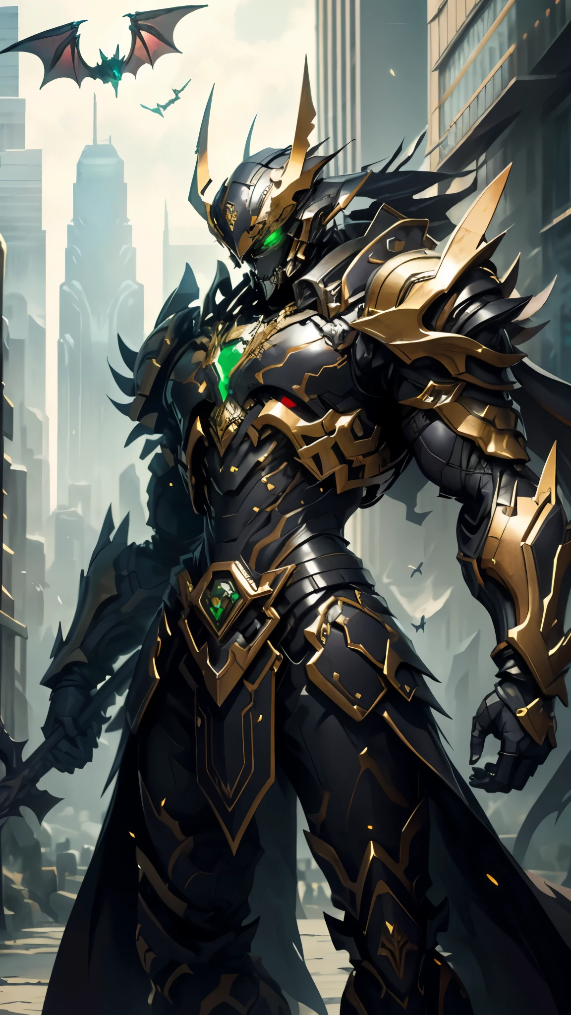 A man wearing a full-face helmet, a fantasy-style biotech armored combat suit, green eyes, (a composite layered chest armor), fully enclosed shoulder guards, matching arm and leg guards, the belt is adorned with fangs biting into orbs, (the color scheme is primarily black with red accents), the design balances heavy with agility, a high-tech bio-mecha armor, (Bat concept Armor, stand on the top of a skyscraper in a futuristic sci-fi city), this character embodies a finely crafted fantasy-surreal style armored hero in anime style, exquisite and mature manga art style, (element, plasma, energy, the armor glows), ((male:1.5)), metallic, real texture material, dramatic, high definition, best quality, highres, ultra-detailed, ultra-fine painting, extremely delicate, professional, perfect body proportions, golden ratio, anatomically correct, symmetrical face, extremely detailed eyes and face, high quality eyes, creativity, RAW photo, UHD, 32k, Natural light, cinematic lighting, masterpiece-anatomy-perfect, masterpiece:1.5