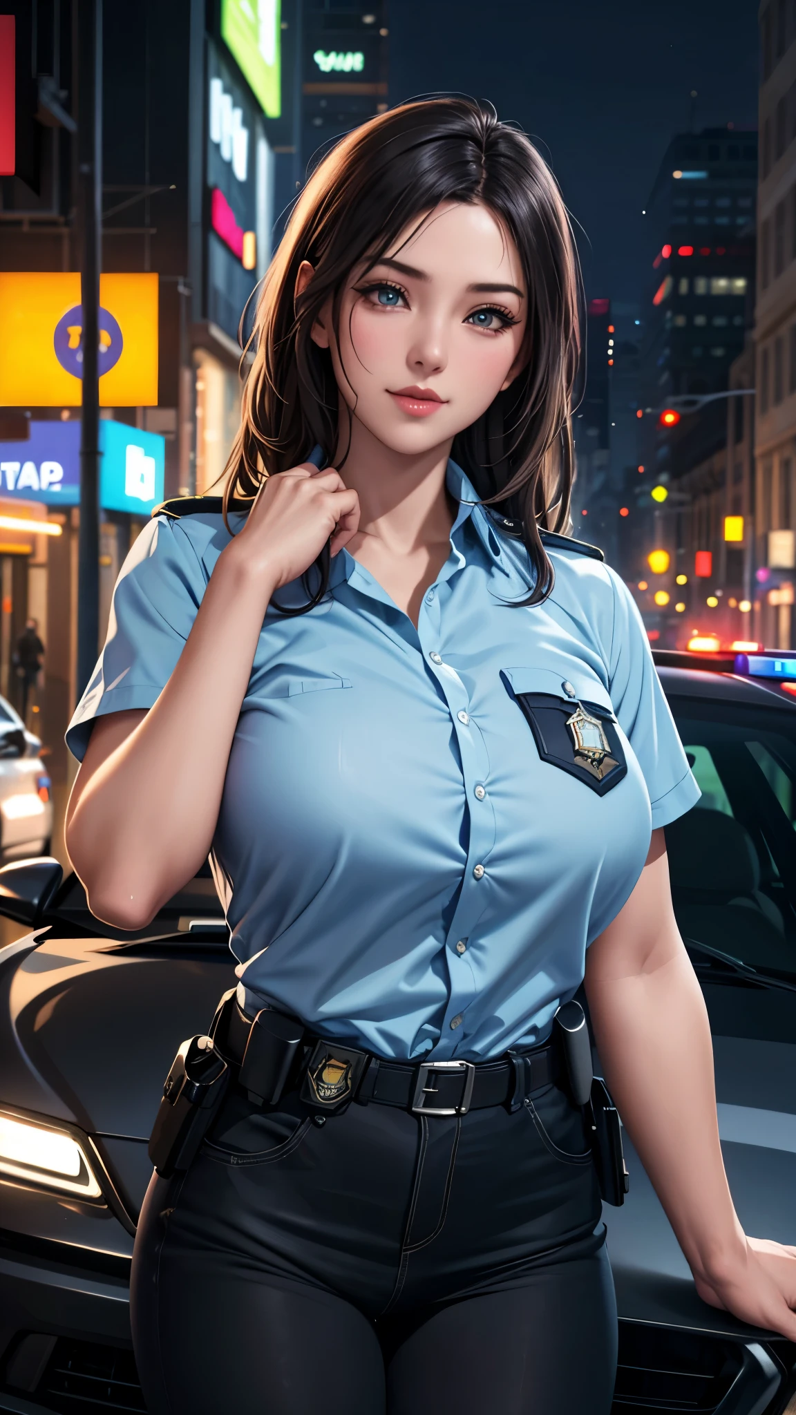 （best quality,4k,8k,highres,masterpiece:1.2),ultra-detailed,(realistic,photorealistic,photo-realistic:1.37),HDR,UHD,studio lighting,ultra-fine painting,sharp focus,physically-based rendering,extreme detail description,professional,vivid colors,bokeh,portrait,1 girl,((catseye)),(shirtbob),(police officer),downtown,police car,neon light