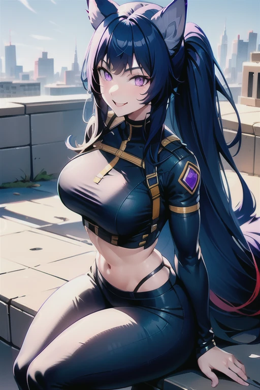 best quality, masterprice, 1girl, (solo:1.1), raytracing, ultra detailed,detailed face, 8k wallpaper, large breasts, smile, wide hips, outdoor, sitting,  DeltaNDV, long hair, animal ears, purple eyes, bangs, wolf ears, looking at viewer, wolf tail, tight clothes, bent over, crop top, leggings, thick legs, crazy smile, crazy eyes, showing her ass, seductive pose, muscular belly,