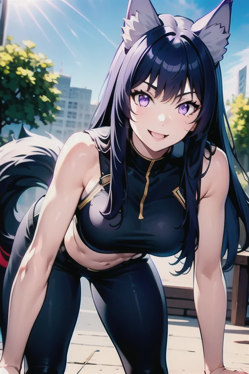 best quality, masterprice, 1girl, (solo:1.1), raytracing, ultra detailed,detailed face, 8k wallpaper, large breasts, smile, wide hips, outdoor, sitting,  DeltaNDV, long hair, animal ears, purple eyes, bangs, wolf ears, looking at viewer, wolf tail, tight clothes, bent over, crop top, leggings, thick legs, crazy smile, crazy eyes, showing her ass, seductive pose, muscular belly,