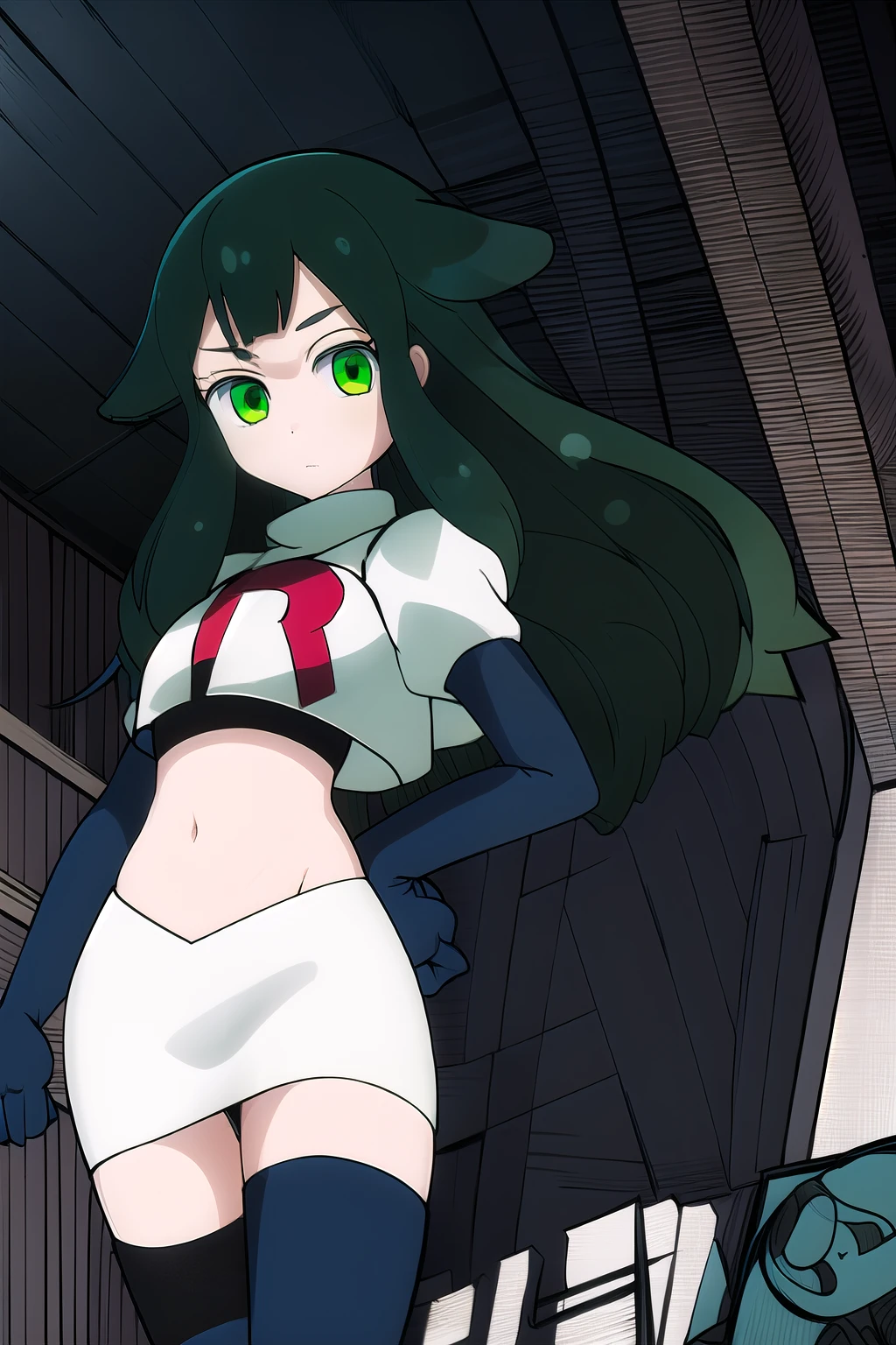 masterpiece, highly detailed, 1girl, utsutsu, green hair, green eyes, bow, team rocket,team rocket uniform,white skirt,red letter R,crop top,black thigh-highs,black elbow gloves