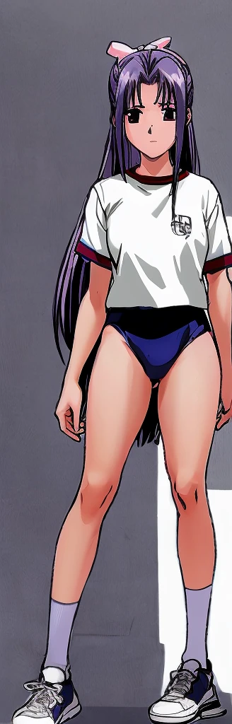 Momoko Koigakubo, a tall girl with beautiful legs, is wearing white gym clothes and light-colored navy blue bloomers that look like panties, and is standing diagonally with her legs spread to the sides and her head down.。