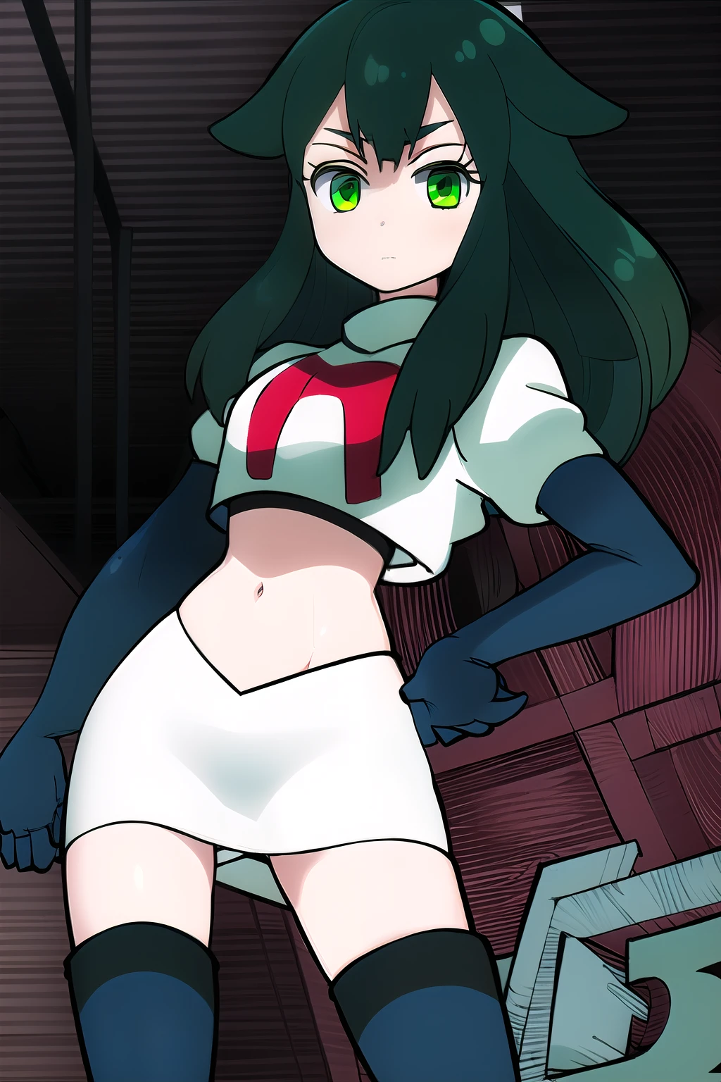 masterpiece, highly detailed, 1girl, utsutsu, green hair, green eyes, bow, team rocket,team rocket uniform,white skirt,red letter R,crop top,black thigh-highs,black elbow gloves