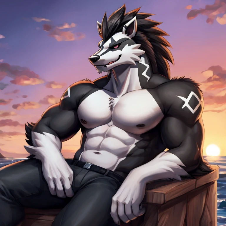 Pokemon Obstagoon, arms crossed, reclining