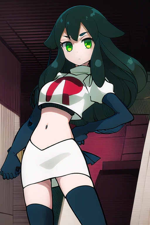 masterpiece, highly detailed, 1girl, utsutsu, green hair, green eyes, bow, team rocket,team rocket uniform,white skirt,red letter R,crop top,black thigh-highs,black elbow gloves
