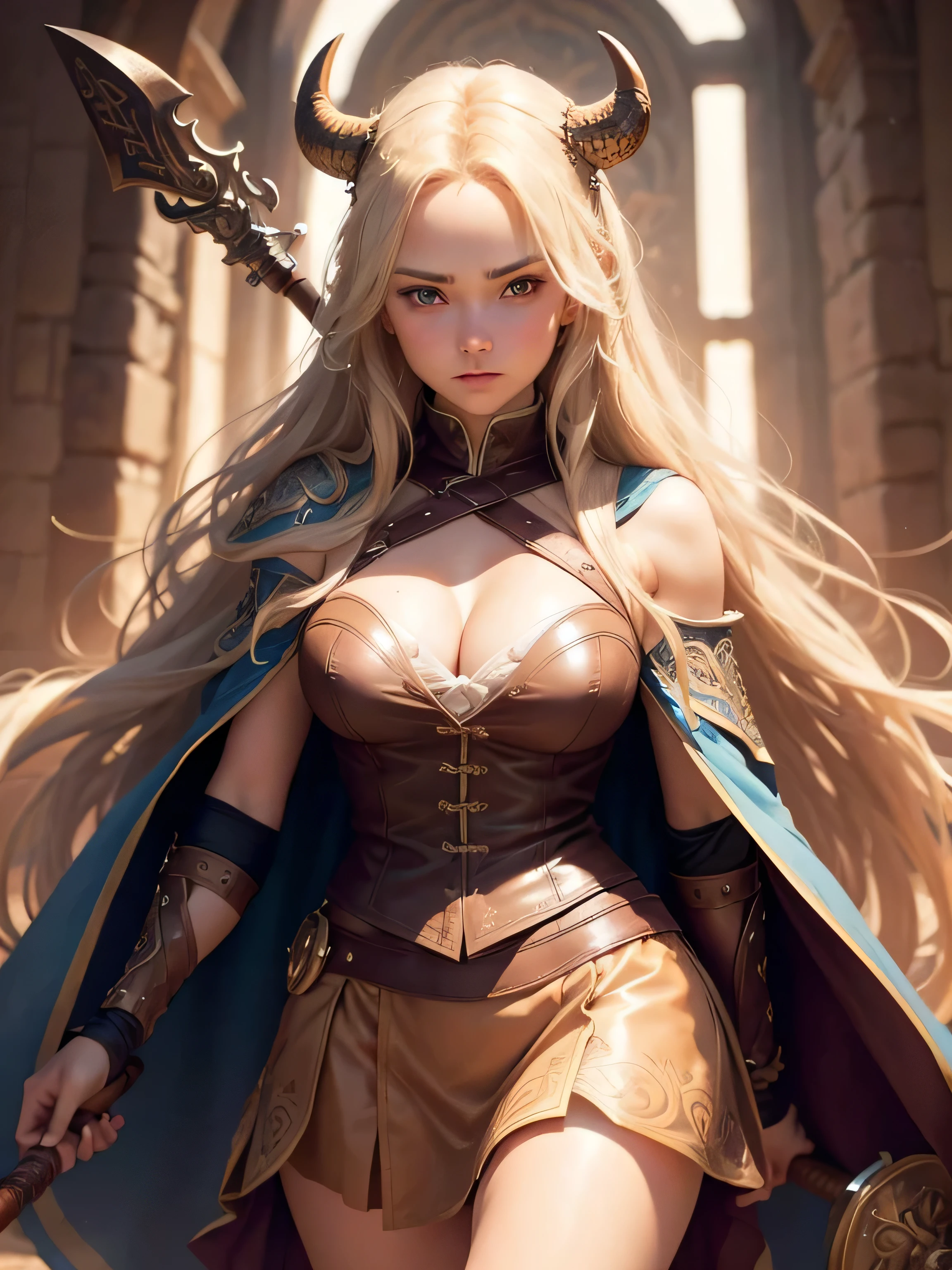 1 girl, cleavage, long and wavy blonde hair, strikingly beautiful face with bright blue eyes, delicate eye brows, high cheekbones, button nose, full and rosy lips, slender and athletic built, wearing a Viking-inspired outfit with a leather vest, fur-lined cape, and a long skirt, holding a dragon-themed staff with intricate carvings, standing confidently with one foot forward and a determined expression, no horn