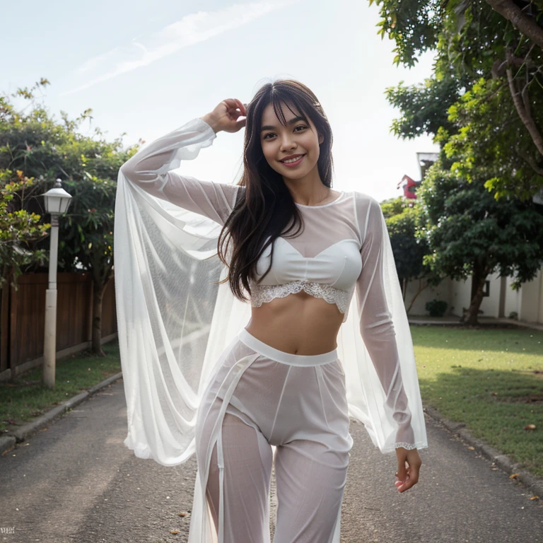 Sweet beautiful Bogor city girl, georgeus face, 25 years old, slim body, roman  nose, wavy black hairs with a bangs, descent mixed from sundanese and javanese, wearing white thin strict full see through full lace  pulled down trousers, wearing thin see through long sleeve white buttoned lace dress, hairy vagina exposed clearly through the trousers, wearing high heels, no panty, no bra, very realistic, very detail, running cheerful in the sunny morning,  happy sweet face, very cute laughing, her body and her messy dense pubic hairs are exposed through the clothes, sun shining her body through the clothes, from top of head to the toes are visible, very hard wind that blowing everything, hard Windy enviorement,